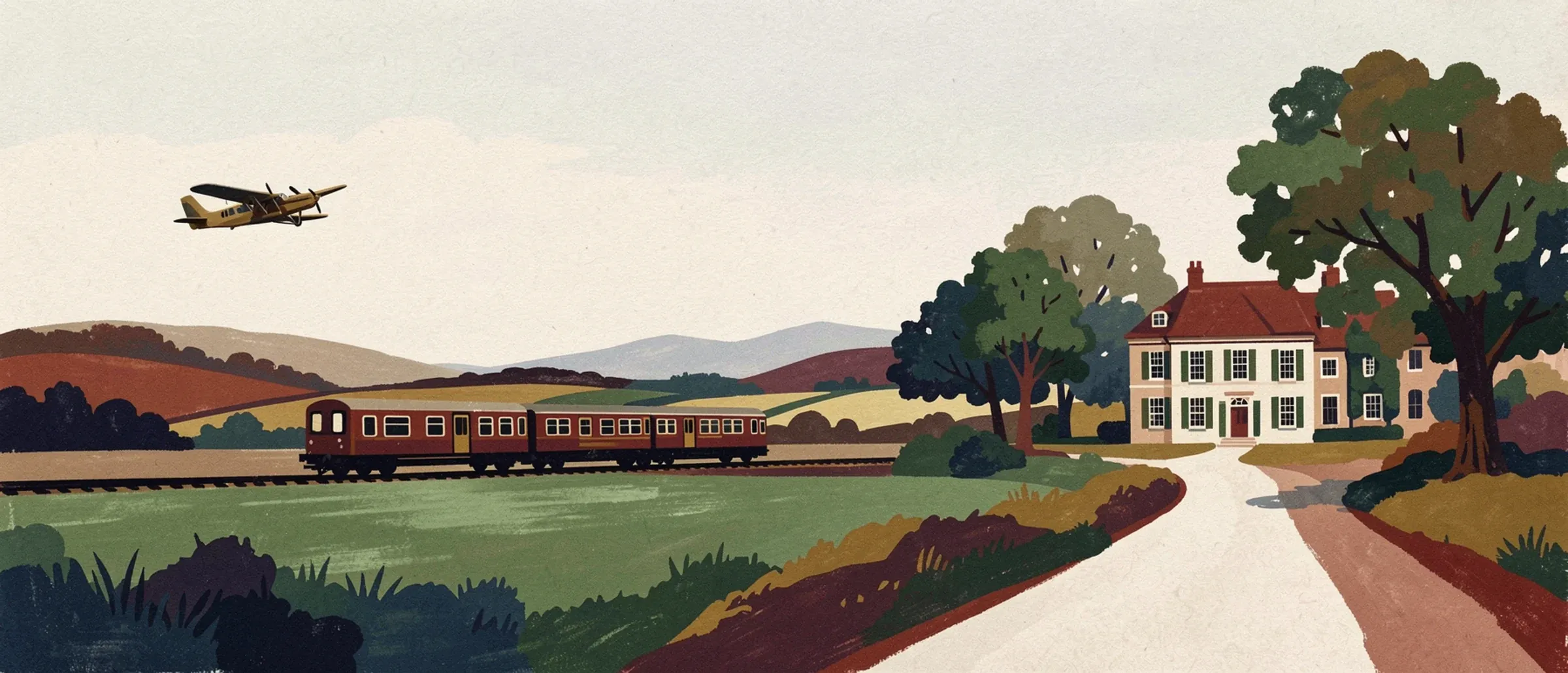 Illustration: a small aeroplane over rolling fields, a train crossing the countryside, and a road leading to a Georgian country house among trees.