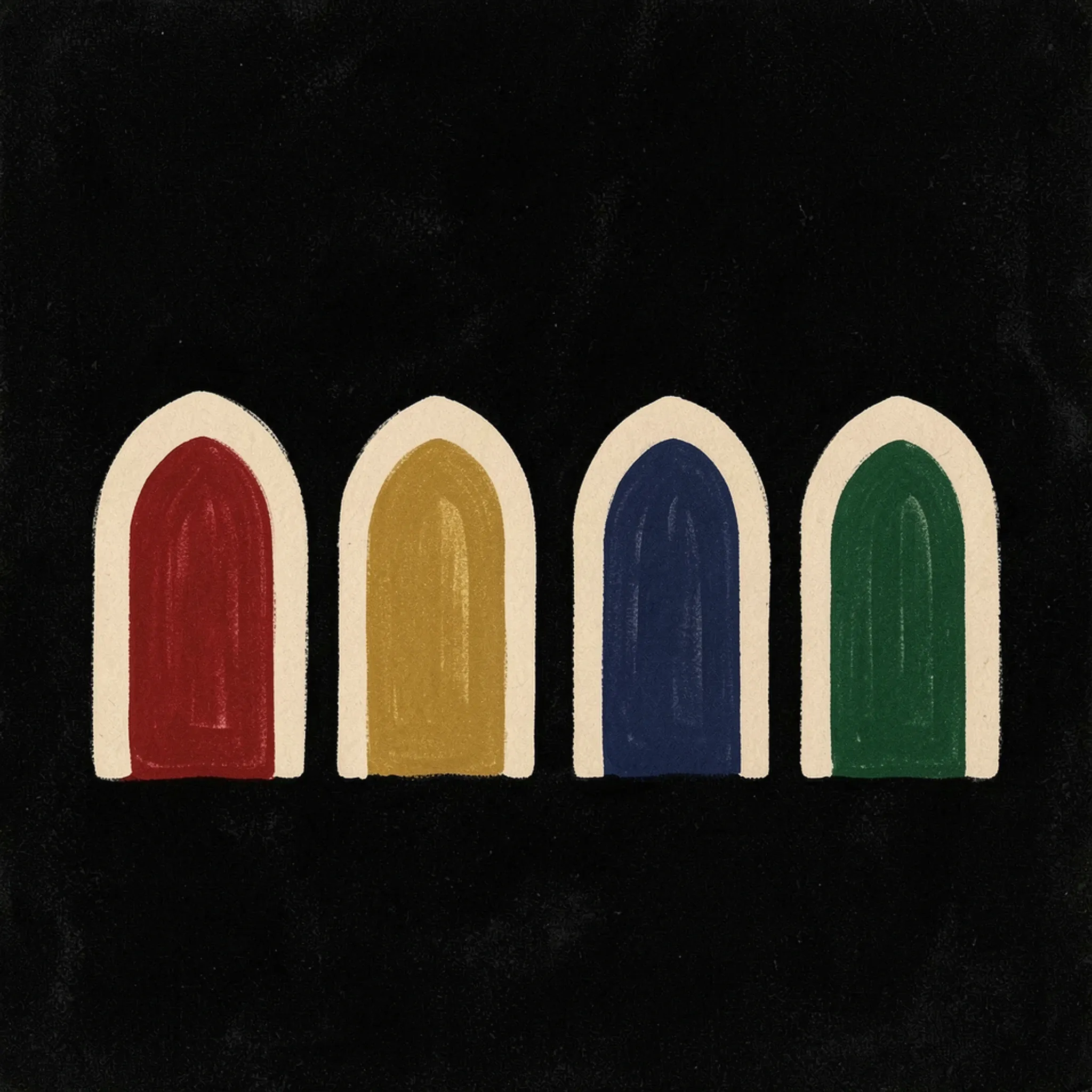 Illustration: four arched doorways in red, gold, indigo and green on a black background.