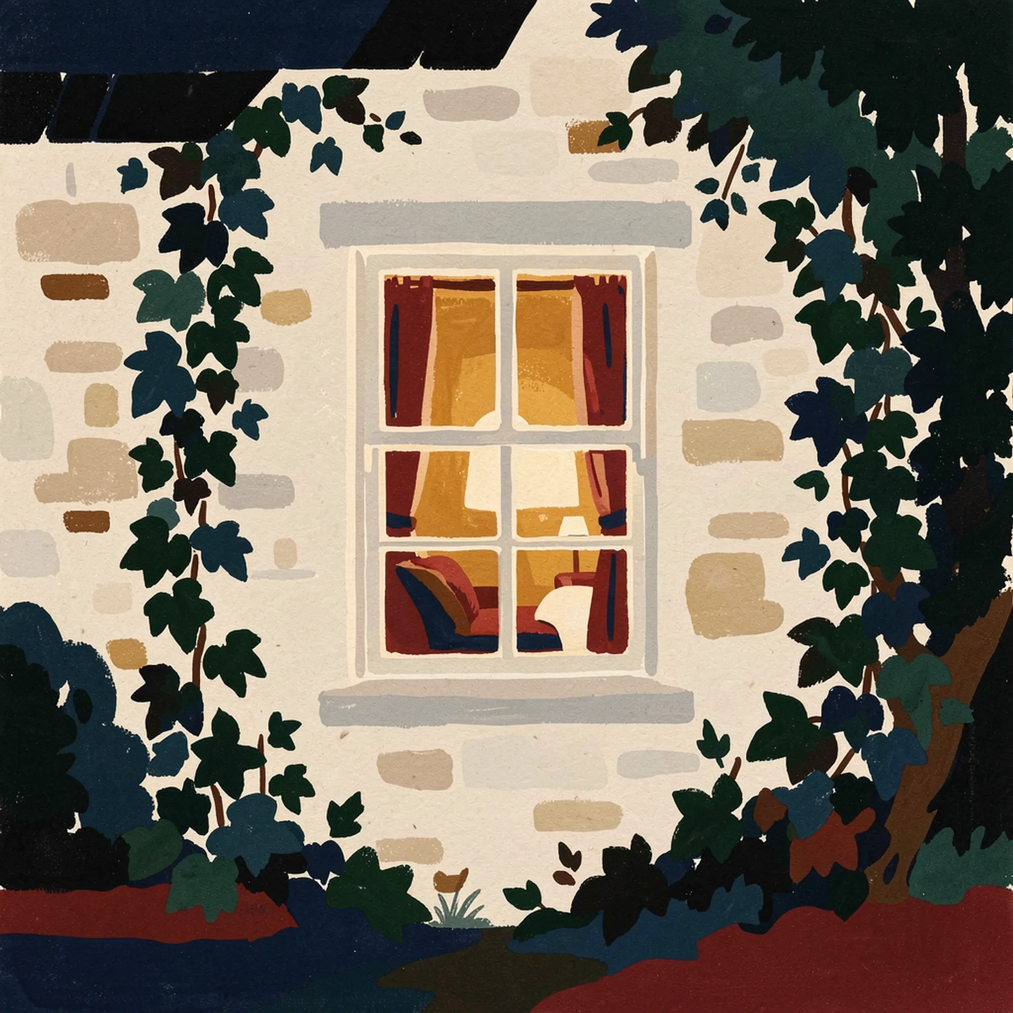 Illustration: a lit sash window in a stone wall framed by ivy, a reading chair and lamp glowing inside.